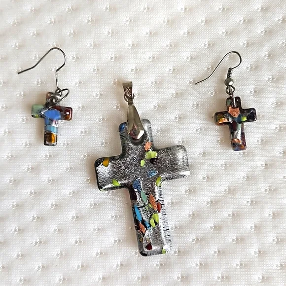 Vintage Glasswork Cross Pendant and Earring Set - Picture 1 of 7